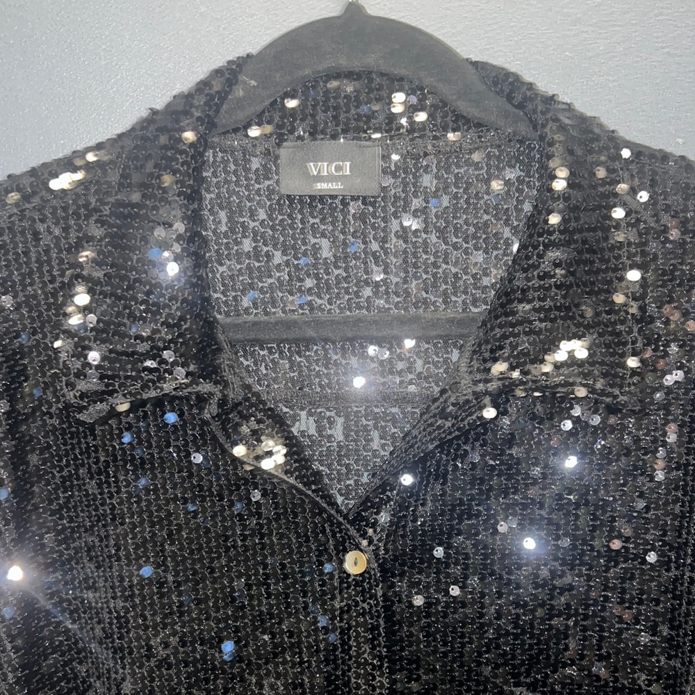 Vici Black Sheer Sequin Button-Down Shirt - Picture 3 of 7